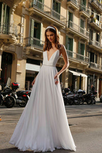 Backless Empire Waist Wedding Dress / Bridal Gown with V-Neck Cut and Open Back. Spring Summer 2021